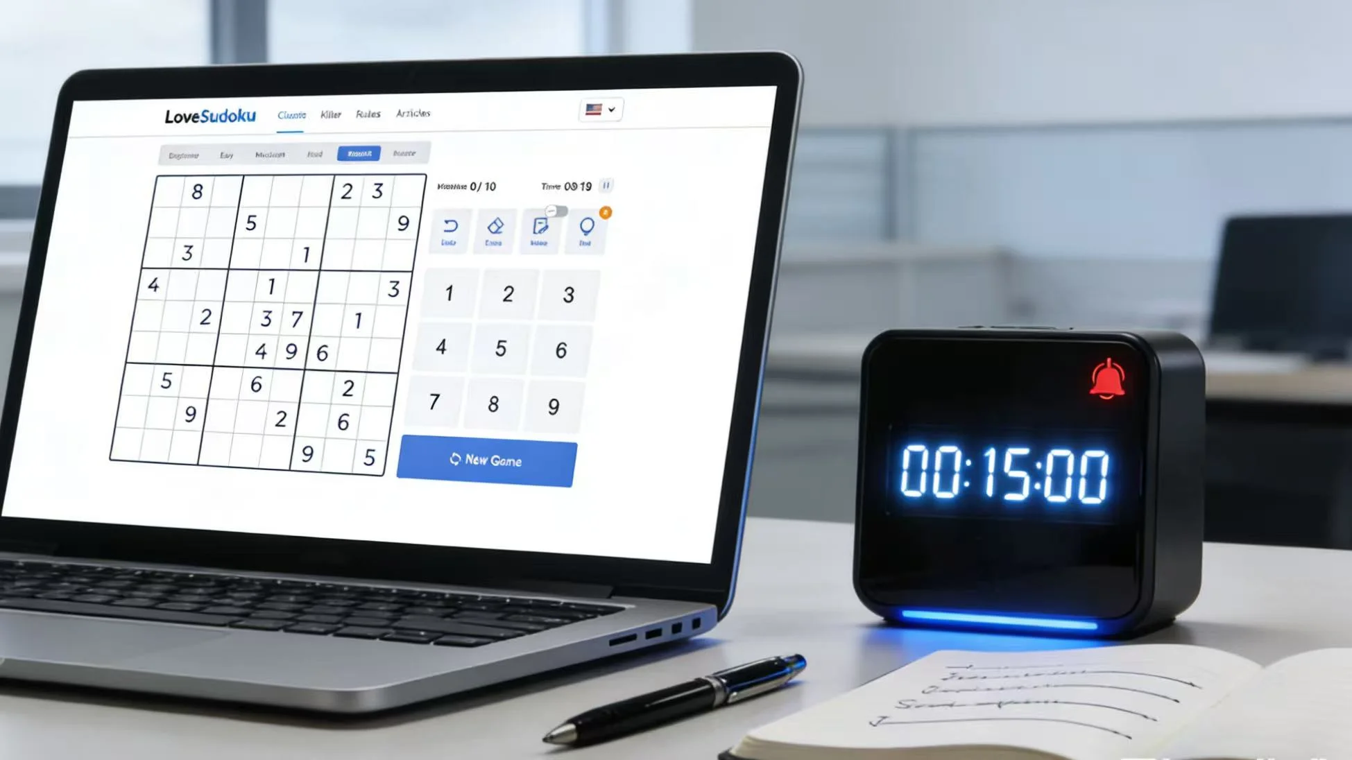 The computer screen displays the website lovesudoku.net, with a timer beside it showing 15 minutes.