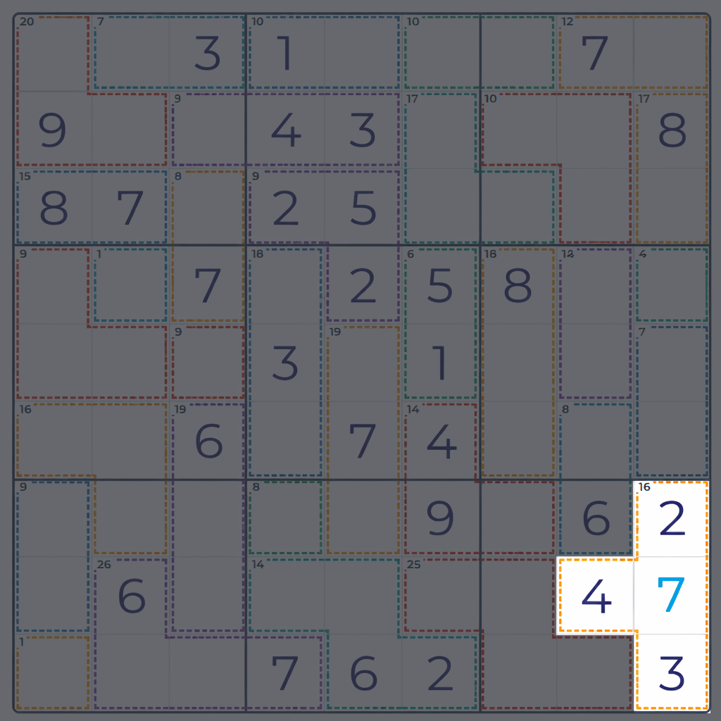 Killer-Sudoku-Strategiebeispiel mit Eliminationsmethode in einem Käfig