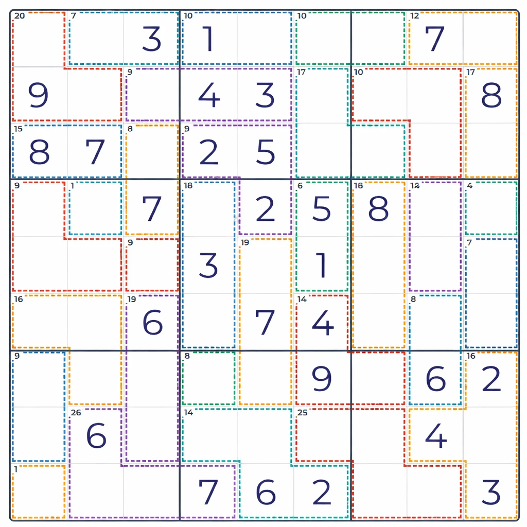 展示笼子和数字求和规则的杀手数独棋盘