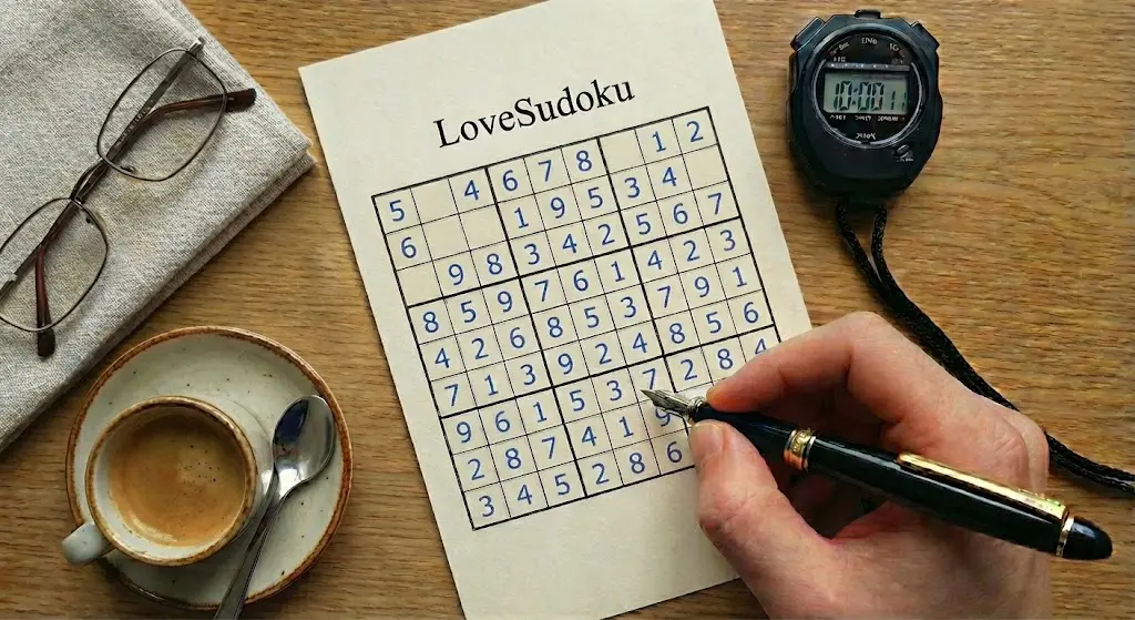Foto eines gedruckten Sudoku-Rätsels mit dem LoveSudoku-Markenlogo, das ein Standard-9x9-Gitter zeigt, um Regeln und Lösungstechniken zu demonstrieren.