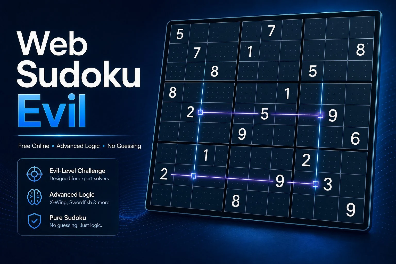 Sparse 9x9 evil Sudoku puzzle grid with advanced logic highlights for playing free Web Sudoku Evil online